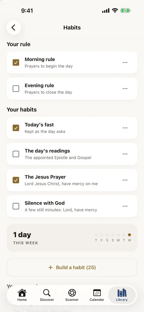 Habits: the morning and evening rule, today's fast and the Jesus Prayer, ticked off for the day